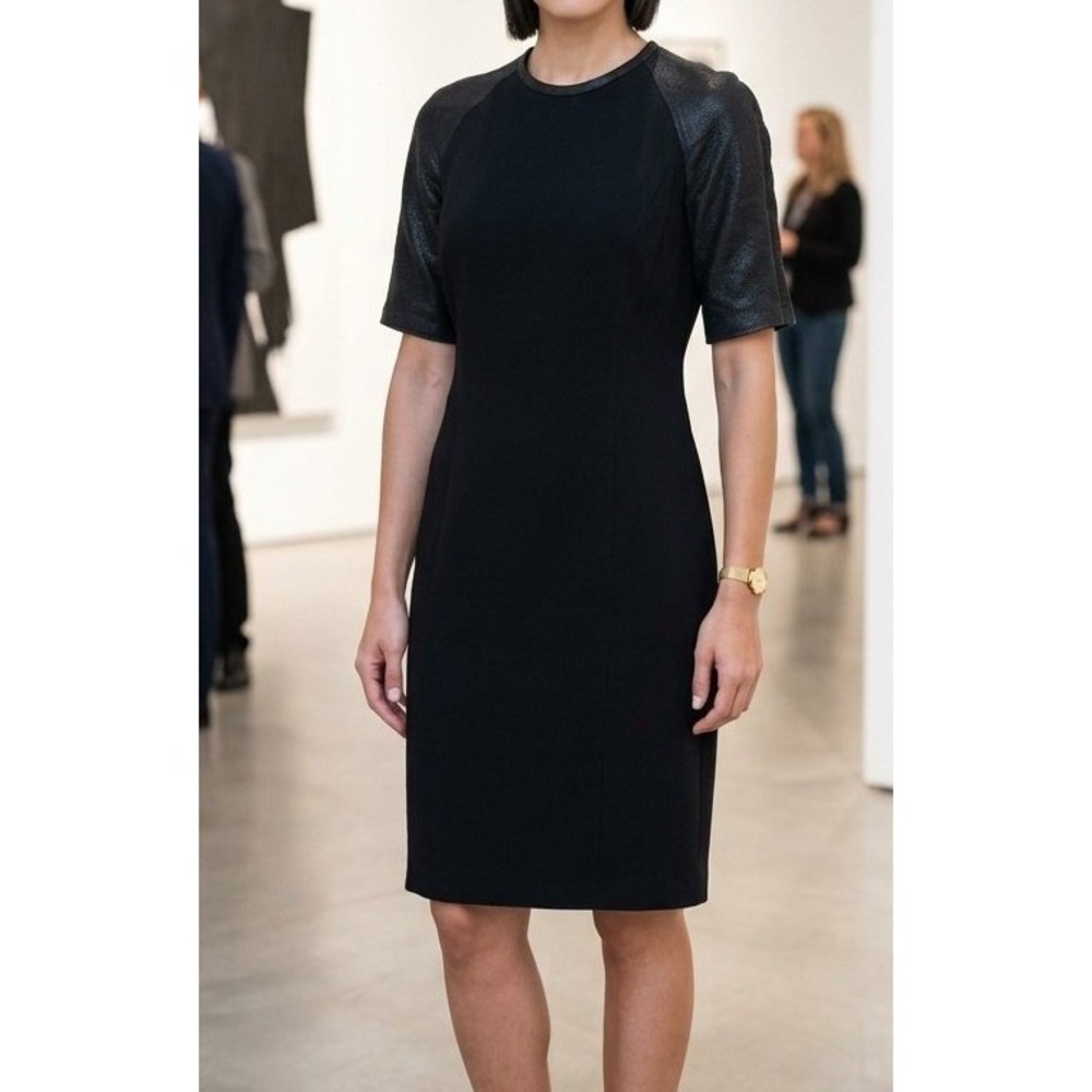 Ralph Lauren Black Label Black Virgin Wool Dress Lambskin Leather Sleeves Size 4